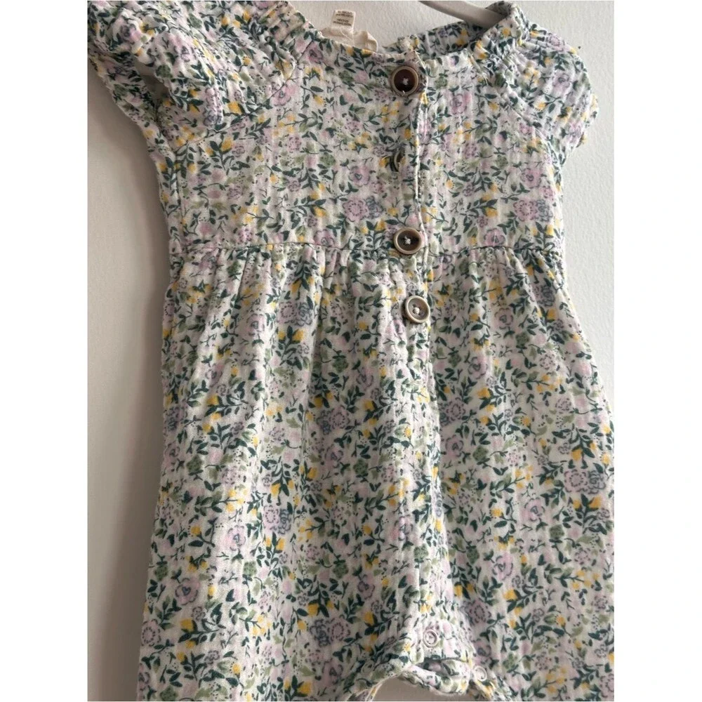 Cotton Floral Button-Front Baby Dress in White, Pink & Yellow